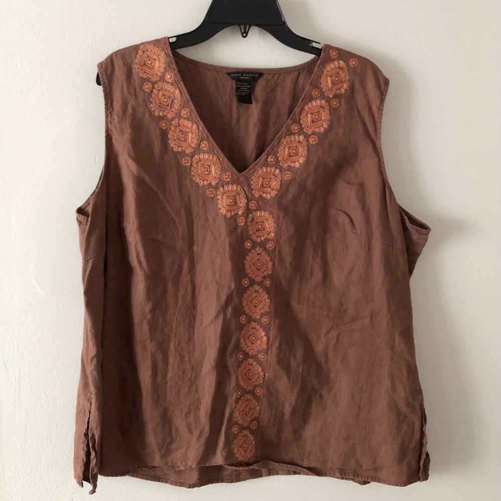 Anne Carson Brown Tank Top with Orange Embroidery